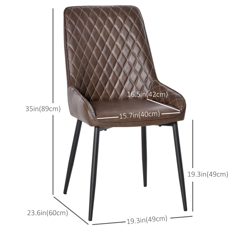 HOMCOM Retro Dining Chair Set of 2, PU Leather Upholstered Side Chairs for Kitchen Living Room with Metal Legs, Brown