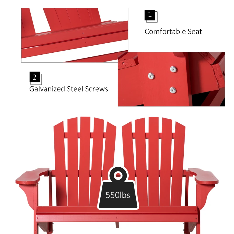 Outsunny 2 Person Adirondack Loveseat, Fire Pit Chair for 2, Wooden Double Adirondack for Patio, Porch, Backyard, Garden with High-back, Wide Armrests, Red