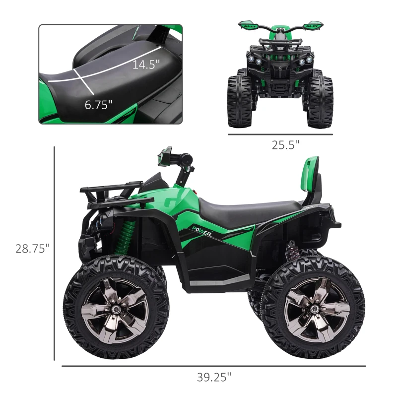 Aosom Kids Ride-on Car, 12V/10AH Four Wheeler Kids ATV, Battery Powered Off-Road Quad with MP3, Headlights, Suspension, 1.8-5 mph, Green