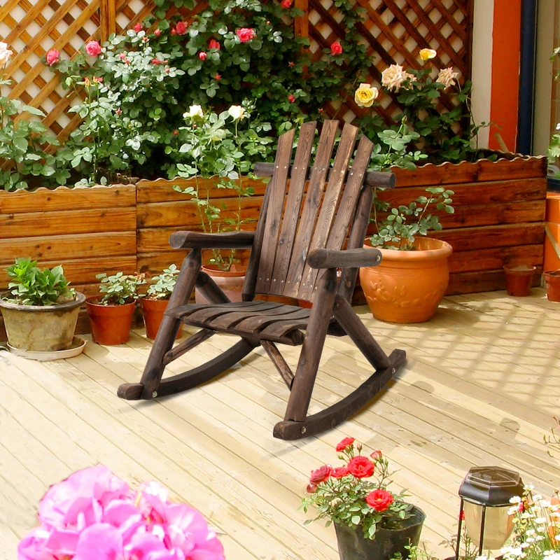 Outsunny Outdoor Wooden Rocking Chair, Single-Person Adirondack Rocking Patio Chair with Rustic High Back, Slatted Seat and Backrest for Indoor, Backyard, Garden, Carbonized