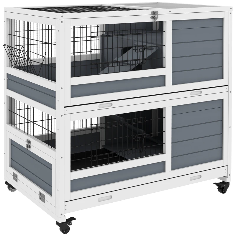 PawHut 2-Tier Indoor Rabbit Hutch Rabbit Cage with Wheels, Feeding Trough, Gray