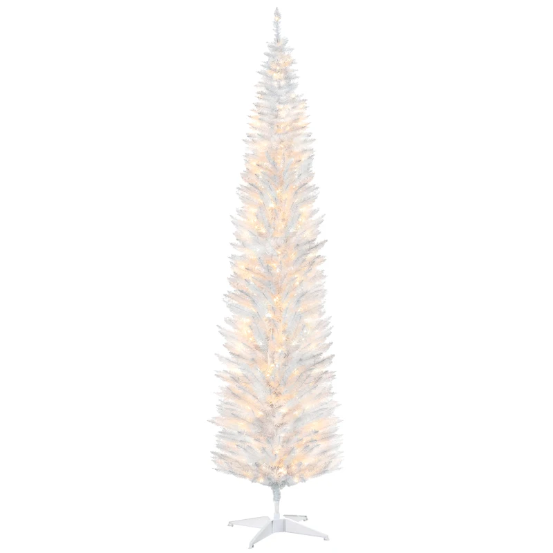 HOMCOM 8ft Pencil Christmas Tree, Slim Artificial Christmas Tree with Realistic Branches and Warm White LED Lights, White