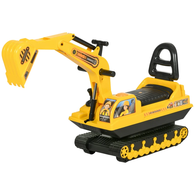 HOMCOM No Power Ride On Excavator Toy Tractors Digger Movable Scooter Walker Pretend Play Toddler Construction Truck Basket Storage For Boys Girls 18-48 Months Yellow Black
