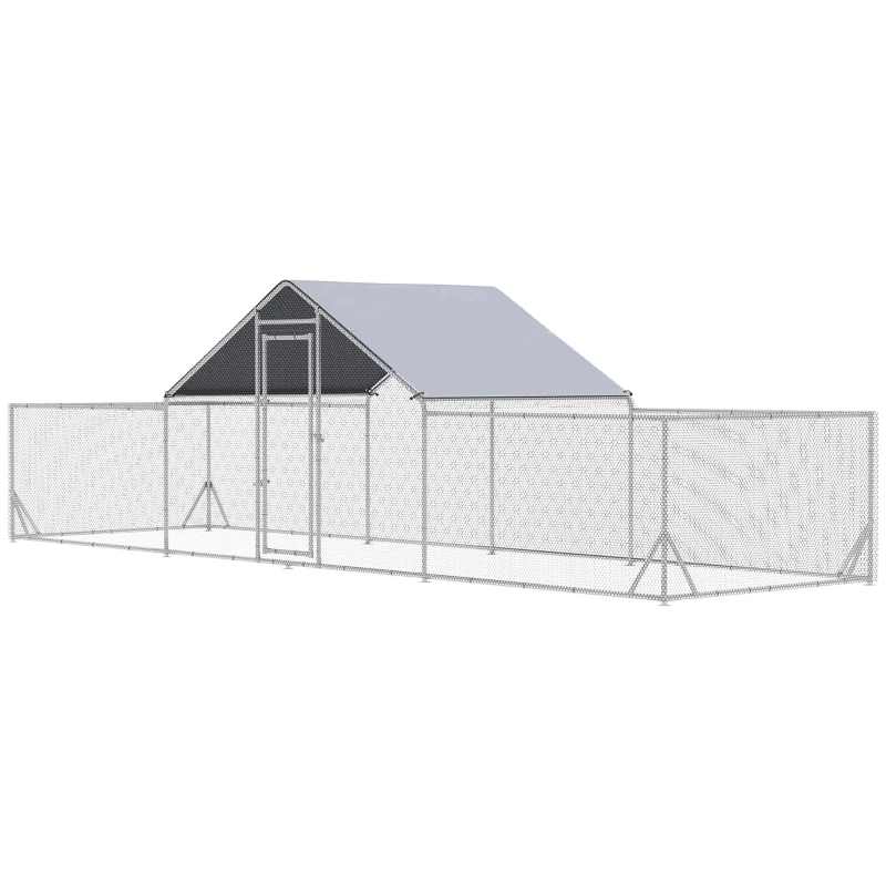 PawHut Chicken Run, 23' x 6.6' Metal Chicken Coop with Waterproof and Anti-UV Cover, Spire Roof, Door, for 12-14 Chickens, Ducks, Rabbits, Sliver
