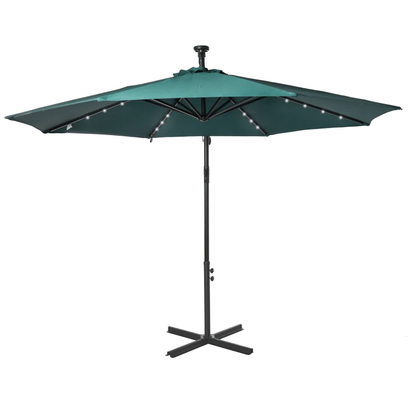 Outsunny 10ft Outdoor Cantilever Umbrella Patio Solor Banana Umbrella with Lights Adjustable Angle for Patio Backyard Dark Green
