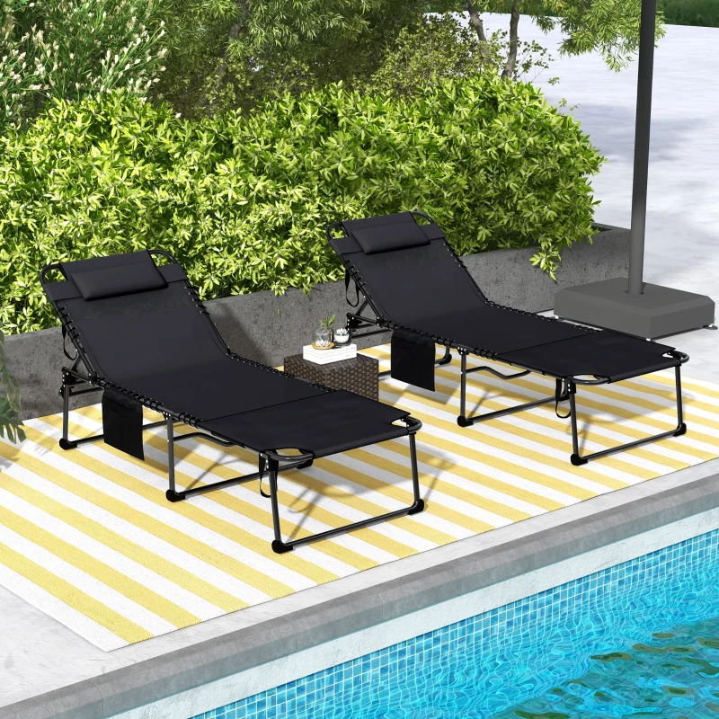 Outsunny 2 Piece Folding Chaise Lounge Pool Chairs with 5-level Reclining Back, Reading Hole, Side Pocket, Black