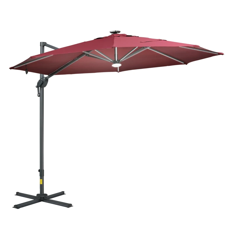 Outsunny 10ft Solar LED Cantilever Patio Umbrella, Aluminum Hanging Offset Umbrella Outdoor Sun Shade with 360 Degree Rotation, Lights, Tilt, Crank, Cross Base, Burgundy