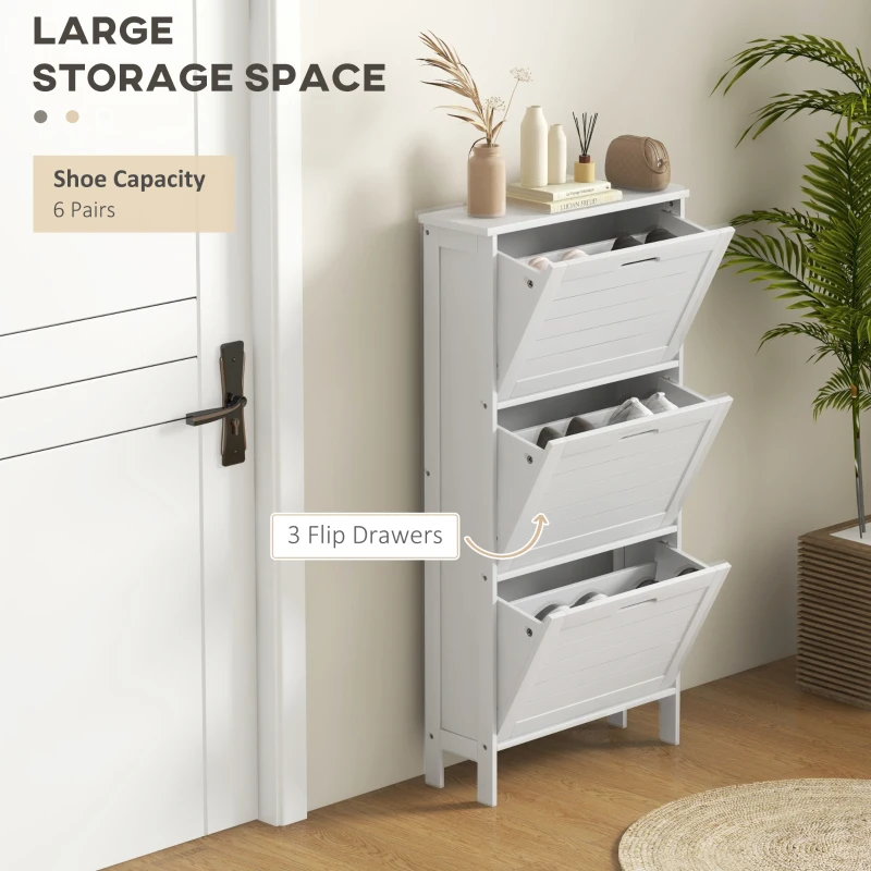 HOMCOM Modern Shoe Storage Cabinet with 3 Flip Drawers and Louvered Doors for 6 Pairs of Shoes, White