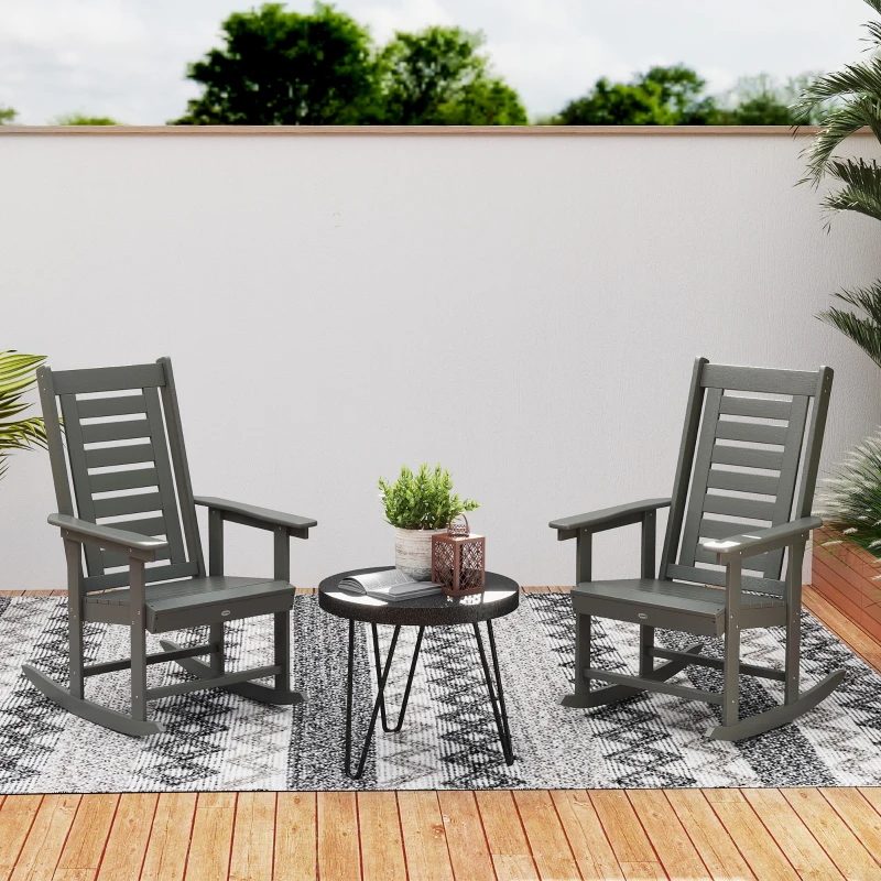 Outsunny 2 Pieces Outdoor Rocking Chairs, HDPE Patio Rockers with 28" High Back, Wide Armrests for Porch Backyard, Dark Gray