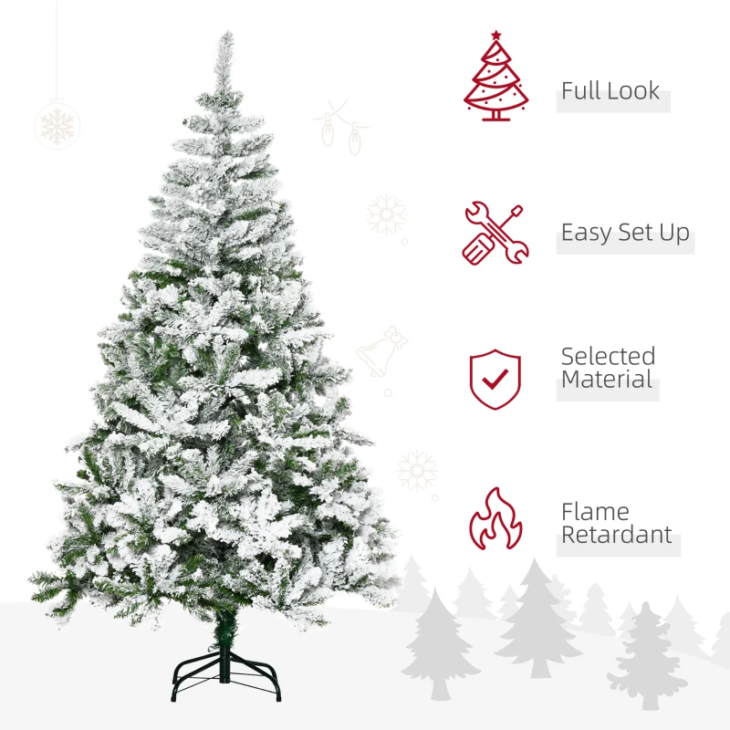 HOMCOM 6' Tall Unlit Snow Flocked Pine Artificial Christmas Tree with Realistic Branches, Green