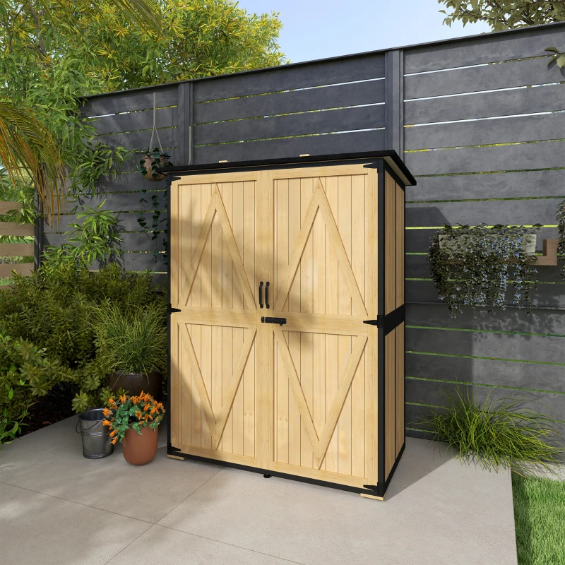 Outsunny Wood Storage Shed, Outdoor Garden Shed with Asphalt Roof, 2 Shelves, Lockable Doors and Adjustable Feet, Natural