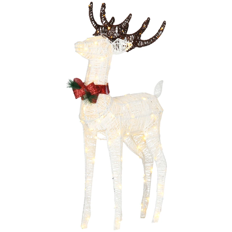 Outsunny Light Up Reindeer Christmas Decoration, Outdoor Lighted Deer Xmas Decor with 100 LED Lights and 4 Ground Stakes for Holiday, Lawn, Garden, Yard, White