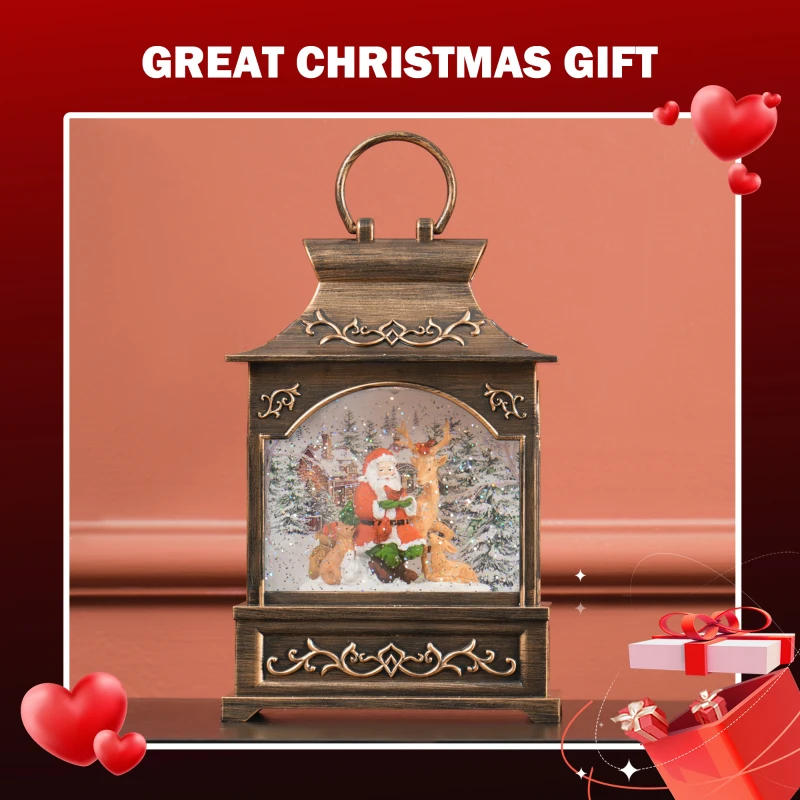 HOMCOM Musical Christmas Snow Globe, Lighted Lantern Snow Globe with Swirling Glitter, Battery Operated Xmas Decoration, Bronze