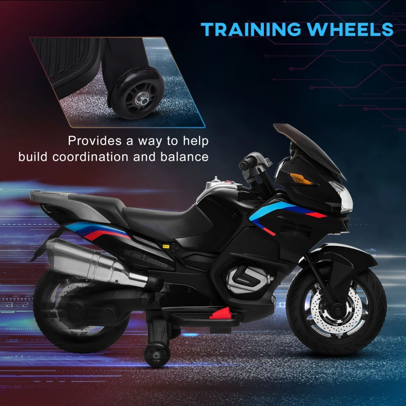Aosom 12V Kids Electric Motorcycle with Training Wheels, Battery Power Ride on Motorbike, High-Traction at 3.7 Mph Top Speed, with Light Music, Black