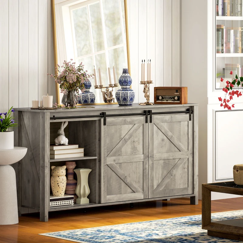 HOMCOM 60" Buffet Cabinet, Farmhouse Sideboard with Sliding Barn Doors, Drawers and Adjustable Shelves, Distressed Light Grey