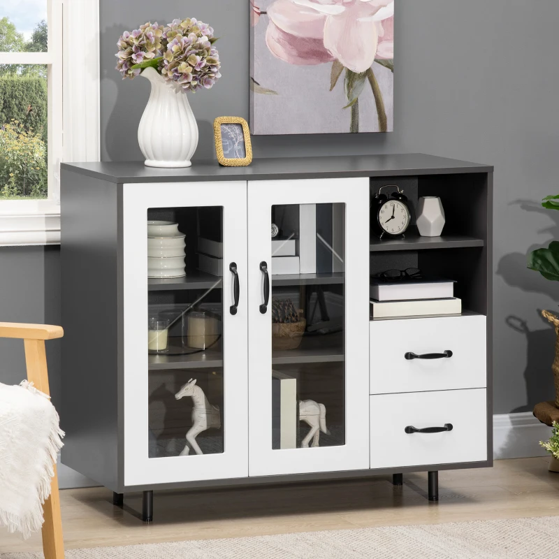 HOMCOM Kitchen Buffet Cabinet, Storage Sideboard with Glass Doors Cupboard, 2 Drawers and 2 Open Shelves, Charcoal Grey