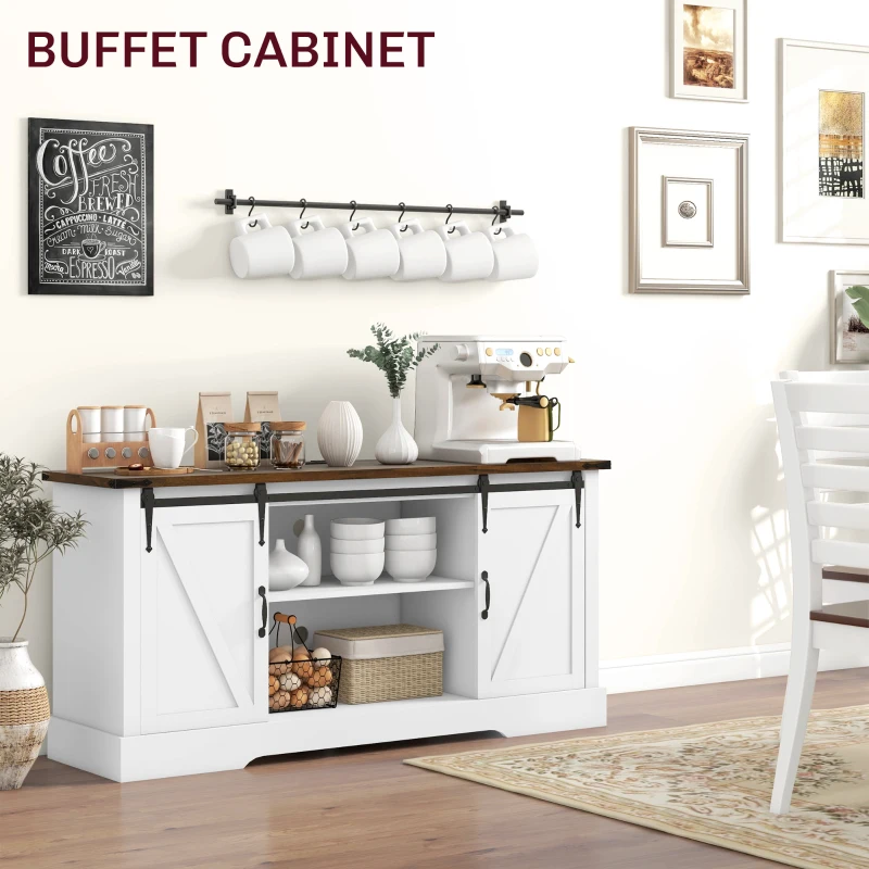HOMCOM Sideboard with Charging Station, Farmhouse Coffee Bar Cabinet with Sliding Barn Door, TV Stand for TVs Up to 65", White