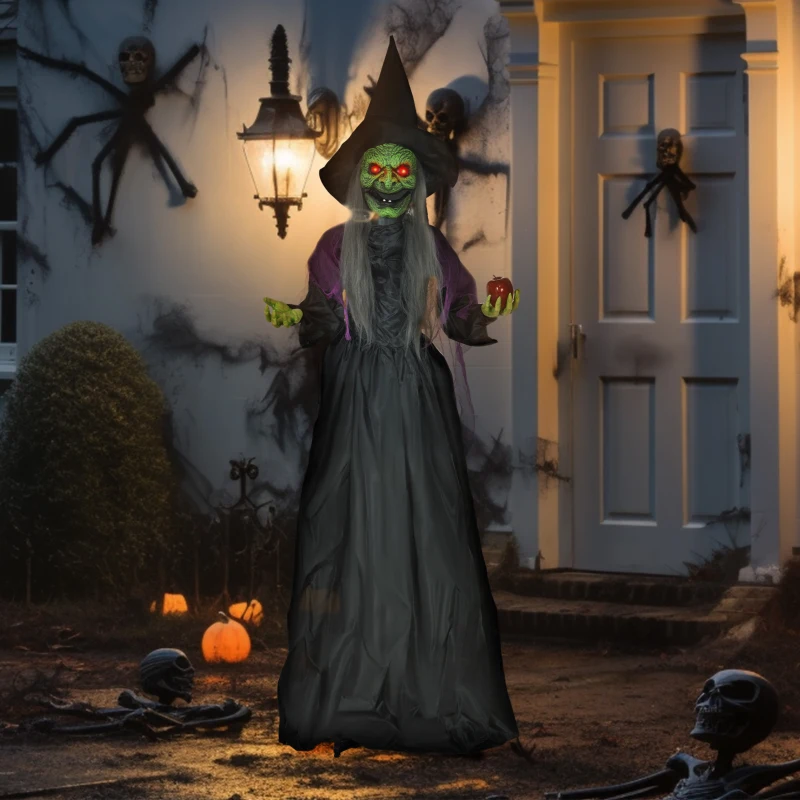 HOMCOM 5.9' Life Size Decoration Animatronic Old Witch Outdoor Halloween, Sound and Motion Activated w/ Light Up Eyes