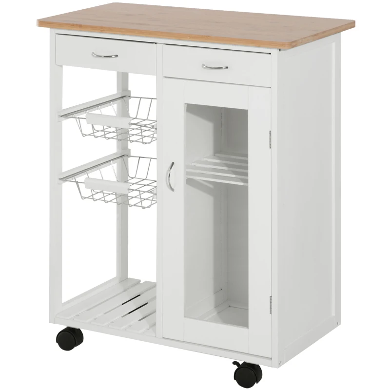 HOMCOM 28" Rolling Kitchen Island with Storage, Kitchen Cart with Solid Bamboo Top, Wire Basket,Door Cabinet and Drawers, White