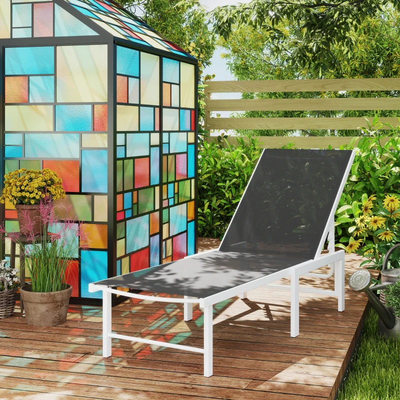 Outsunny Outdoor Lounge Chair, 5-Level Reclining Outdoor Chaise Lounge Tanning Chair with Mesh Seat, Grey