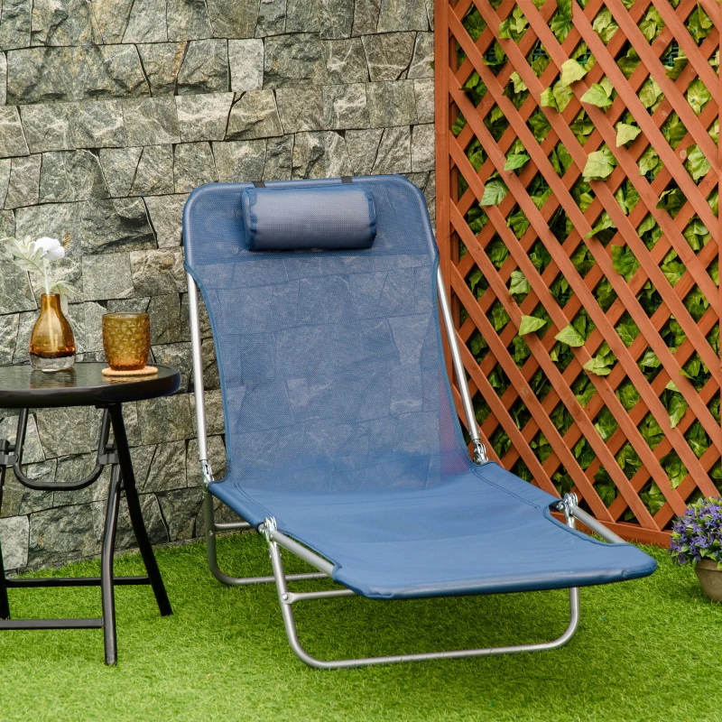 Outsunny Folding Chaise Lounge Chair, Pool Sun Tanning Chair, Outdoor Lounge Chair with Reclining Back, Breathable Mesh Seat, Headrest for Beach, Yard, Patio, Dark Blue