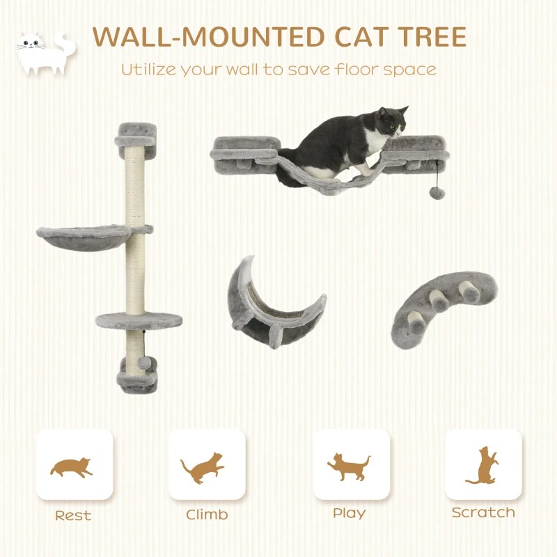 PawHut 4Pcs Cat Wall Shelf with Scratching Post, Cat Wall Shelves for Relaxing, Climbing, Cat Wall With Soft Ladder, Hammock, Play Balls, Grey