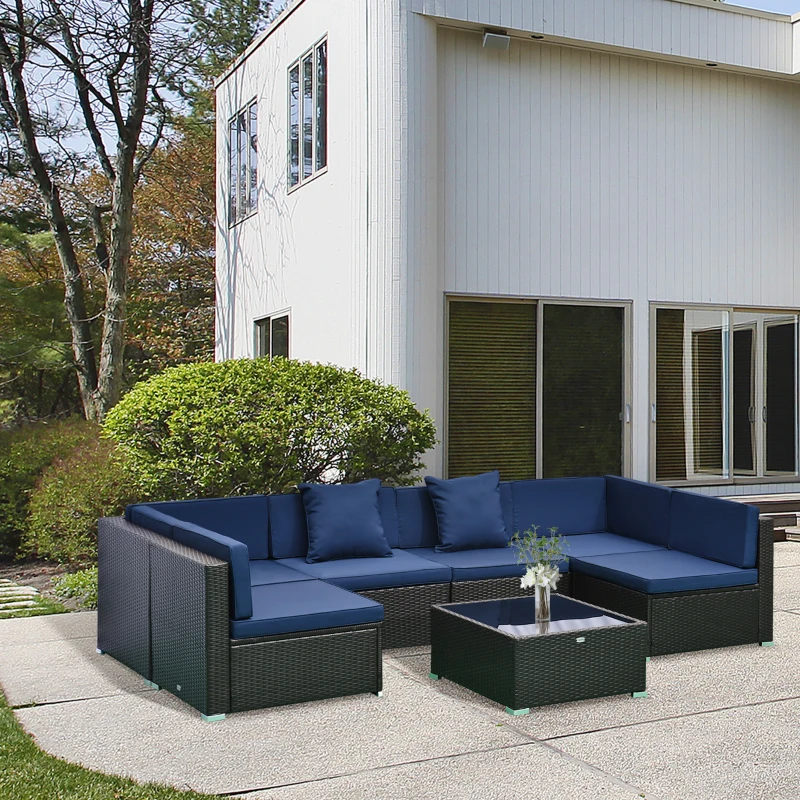 Outsunny 7 Piece Patio Furniture Set, PE Rattan Outdoor Conversation Set with Sectional Sofa, Glass Tabletop, Cushions and Pillows for Garden, Lawn, Deck, Brown and Royal Blue