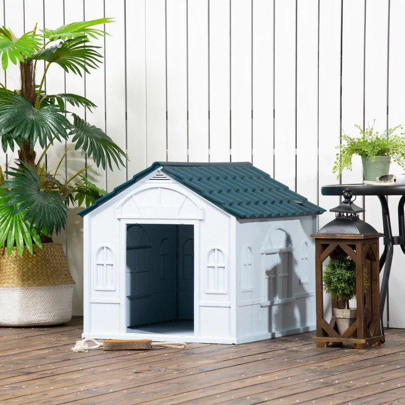 PawHut Plastic Dog House for Medium and Small Dogs, Water Resistant Puppy Shelter Indoor Outdoor with Door, Easy to Assemble, Blue