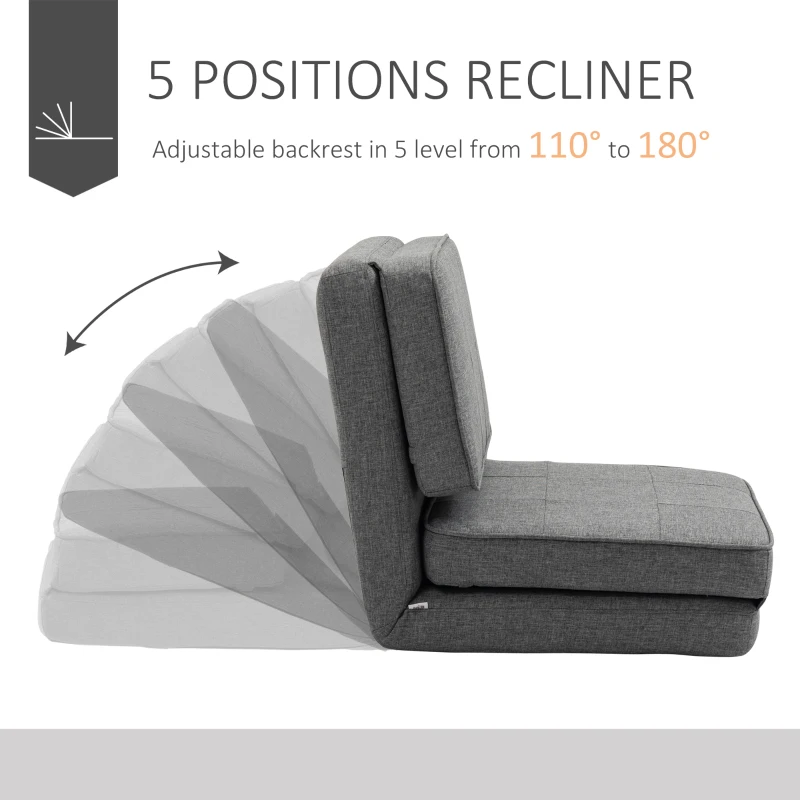 HOMCOM Convertible Flip Chair, Folding Upholstered Floor Sofa, Adjustable Guest Chaise Lounge, Dorm Bed with Metal Frame for Living Room and Bedroom, Dark Gray