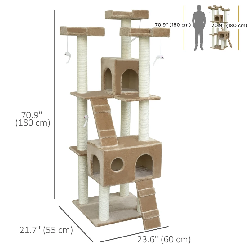 PawHut 71-Inch Cat Tree Furniture Pet Tower House with Scratch Post and Condo, Beige