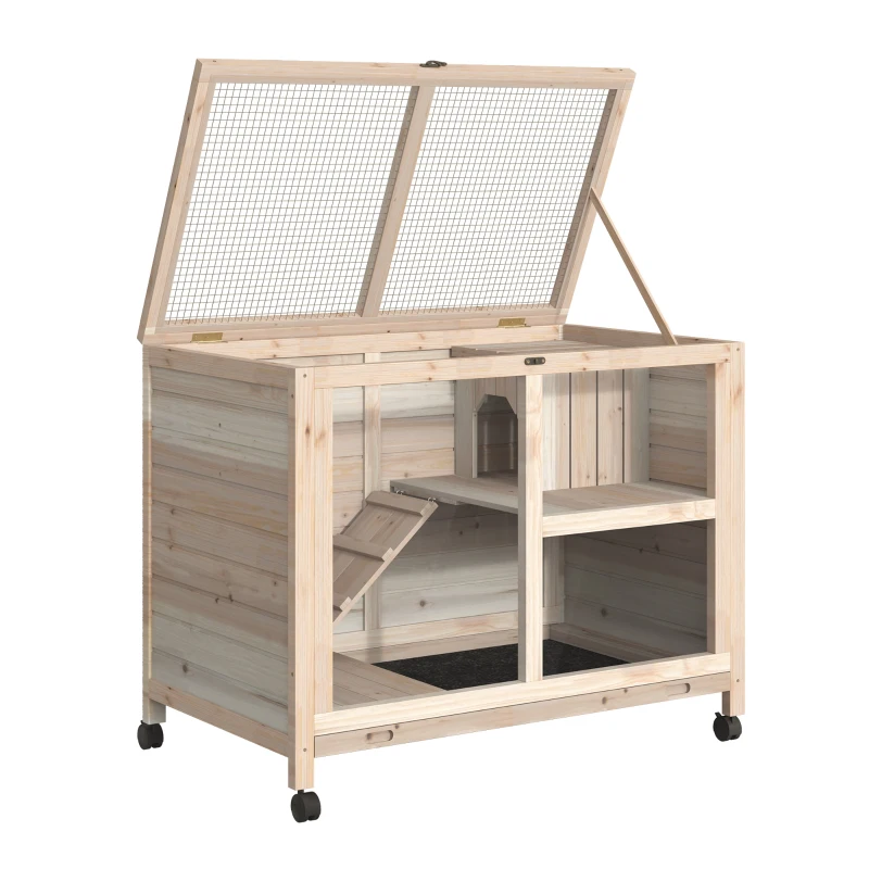 PawHut Indoor Rabbit Hutch with Wheels, Bunny Cage Guinea Pig House W/ Top Access, Ramp, Pull Out Tray, Natural Wood