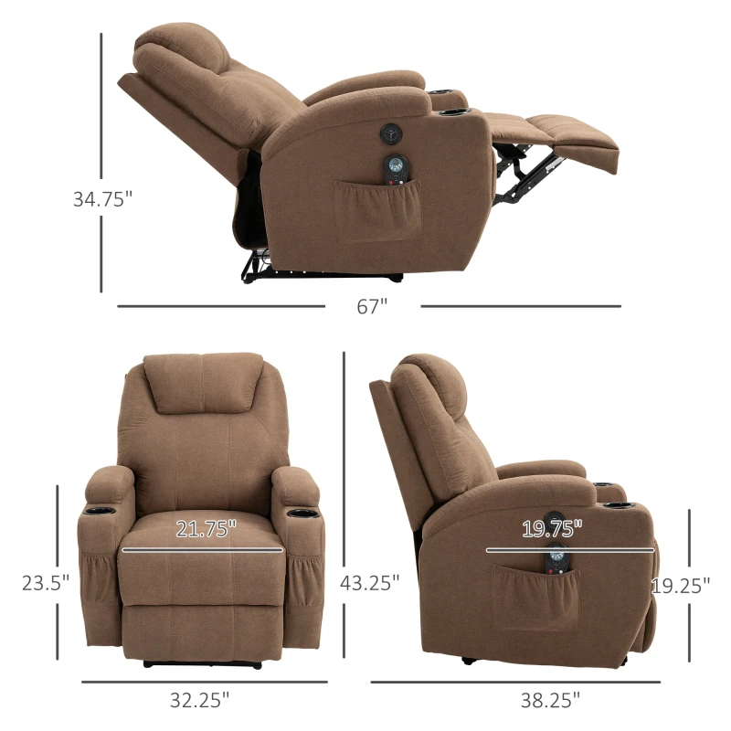 HOMCOM Electric Power Reclining Massage Sofa w/ 8-Point Vibration Waist Heating Side Storage USB Port, Brown