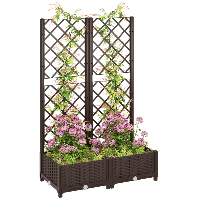 Outsunny Raised Garden Bed with Trellis, Plastic Raised Flower Bed with Drainage Holes and Drain Plugs, 32" x 16" x 48"