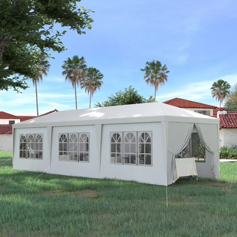 Outsunny 10' x 28' Party Gazebo Tent, Portable Folding Wedding Tent, Garden Canopy Event Shelter, Outdoor Sunshade with 8 Removable Sidewalls, White