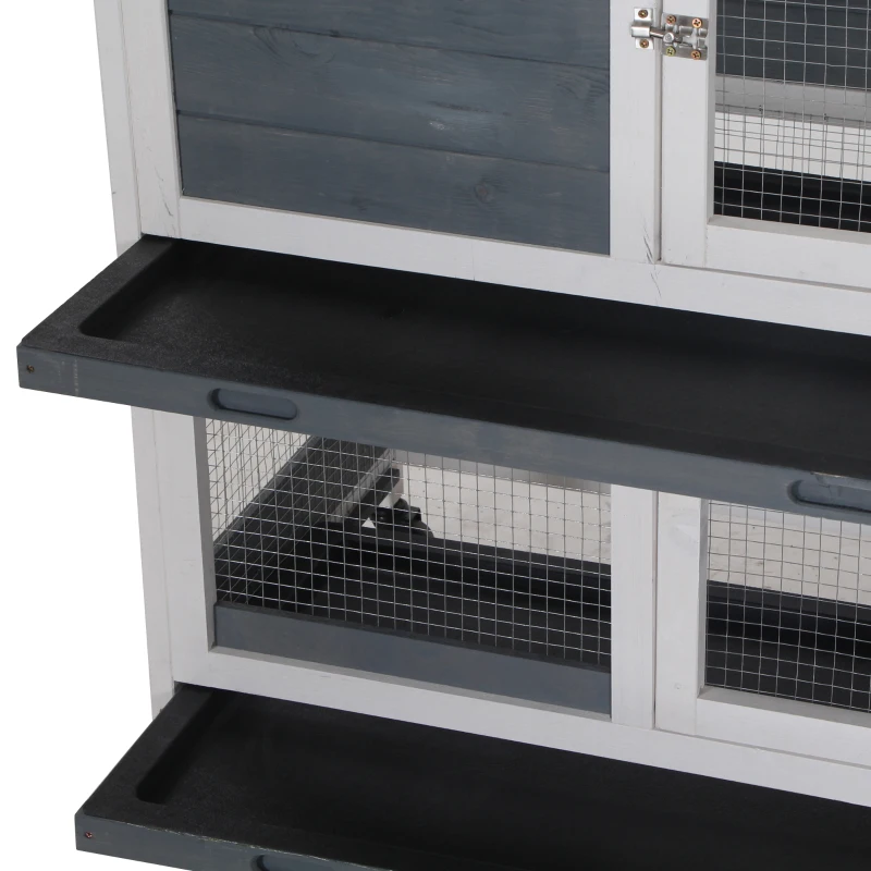 PawHut Wooden Rabbit Hutch Bunny Hutch Elevated Pet House Cage Small Animal Habitat with No Leak Tray Lockable Door Openable Top for Rabbits, Chickens, Ducks, Indoor 57.75" x 18" x 32.5" Gray