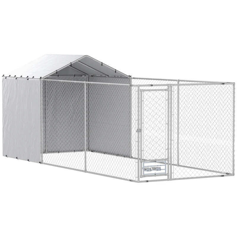 PawHut Galvanized Chain Link Large Outdoor Dog Kennel with Waterproof & UV-Resistant Cover, for M&L Dogs, 19.7' x 7.5' x 7.5'