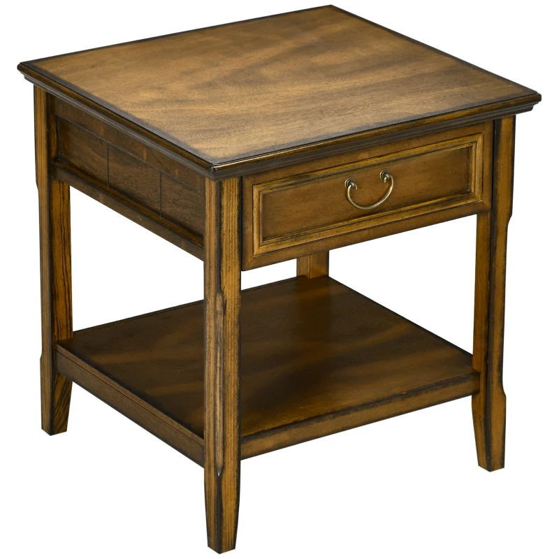 HOMCOM Retro Side Table, End Table with Storage Drawer and Open Shelf for Living Room, Bedroom, Dark Coffee