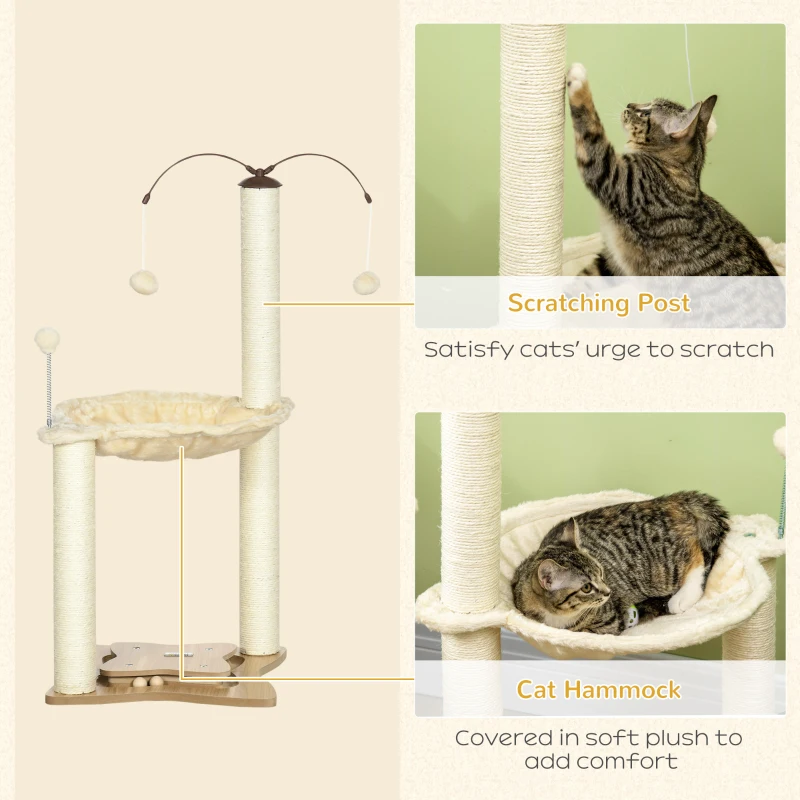 PawHut Small Cat Tree Hammock with Scratching Posts, Elevated Cat Bed with Ball Toys, Cat Hammock Stand for Indoor Cats