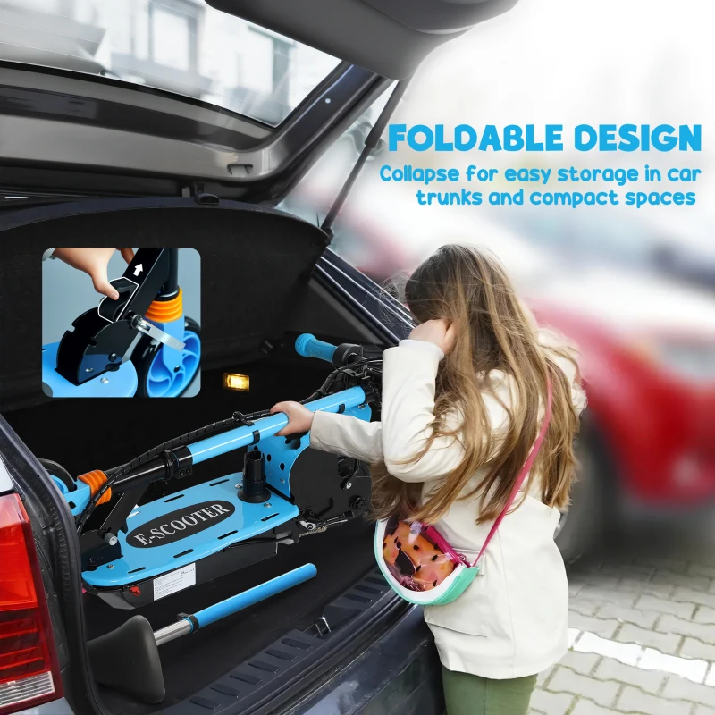 Soozier Foldable Electric Scooter for Kids Ages 6-14, with Seat and 2 Adjustable Heights, Max 6km Range & 12km/h, Blue