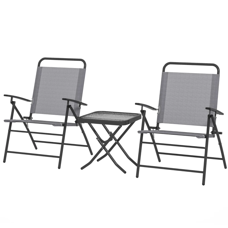 Outsunny Folding Bistro Set, Small Patio Set with Back Adjustable Chairs and Glass Top Table for Garden, Balcony, Porch, Grey