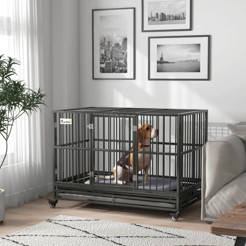 PawHut 48" Heavy Duty Dog Crate Metal Cage Kennel with Lockable Wheels, Double Door and Removable Tray, gray