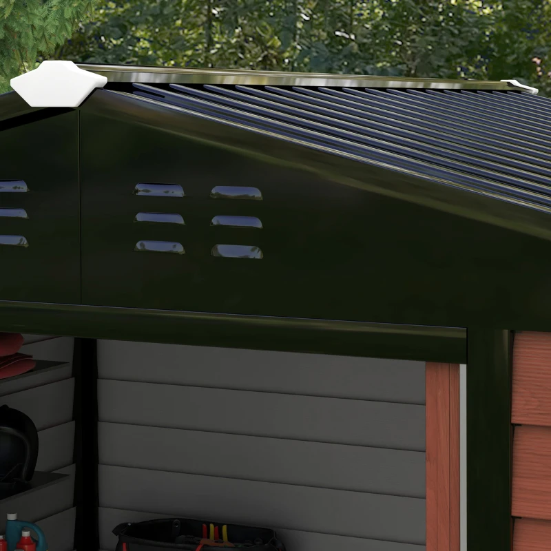 Outsunny 8' x 7' Outdoor Storage Shed, Galvanized Steel Metal Garden Shed with Lockable Doors, Floor Frame, Vents, Lock and Gloves for Backyard, Lawn, Patio, Teak