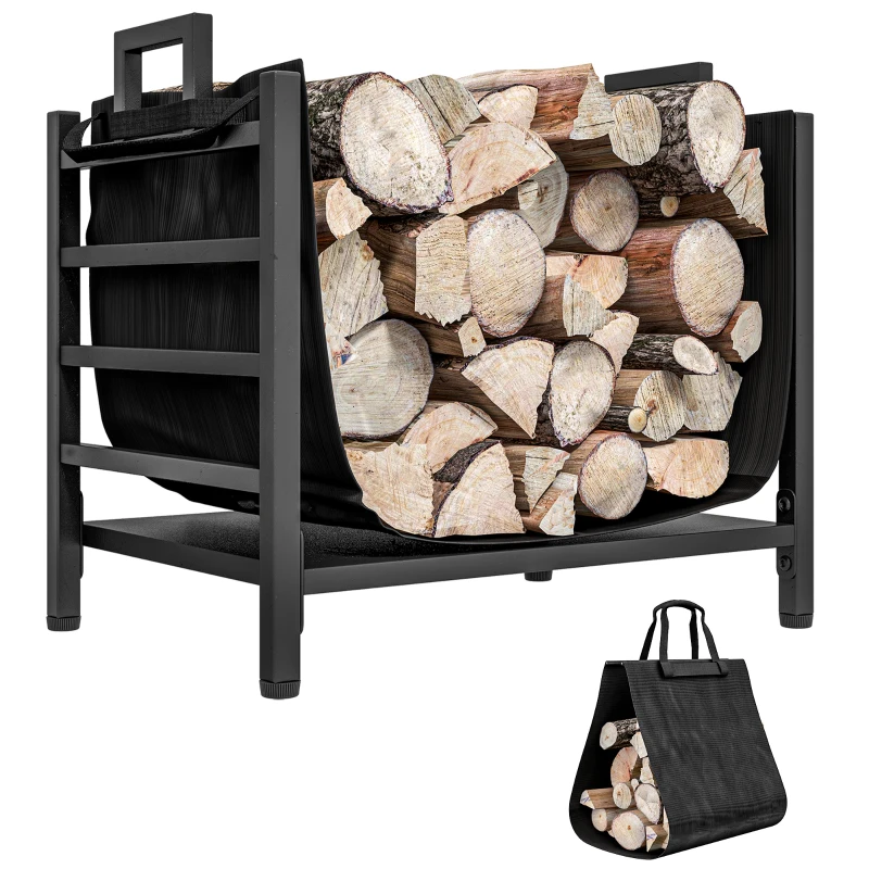 Outsunny Outdoor Firewood Rack with Log Carrier, Heavy Duty Steel Wood Log Storage Stacker for Fireplace, Black