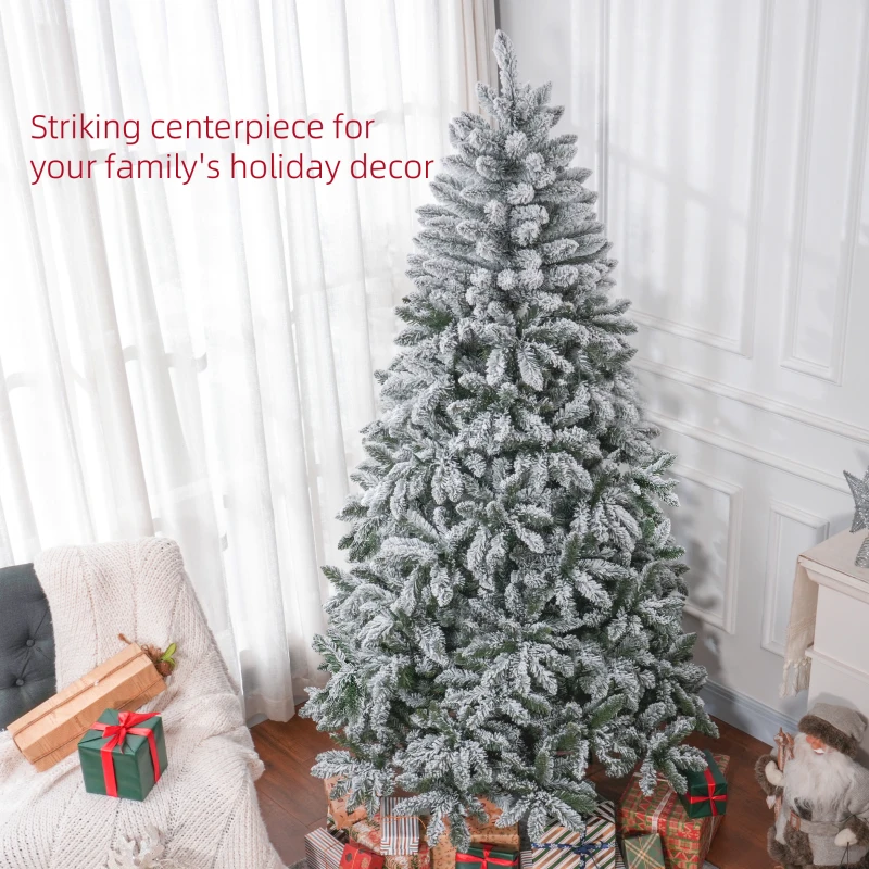 HOMCOM 7 Foot Artificial Flocked Christmas Tree with Snow, Metal Stand, Hinged Xmas Tree for Home Office Holiday