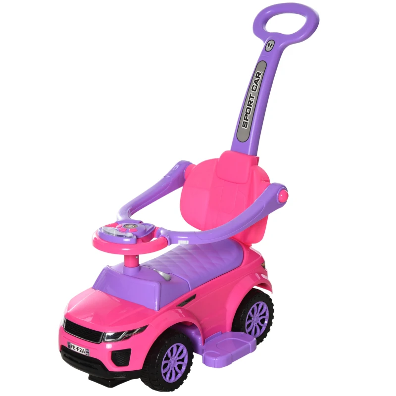 Aosom 2 In 1 Push Cars for Toddlers Kid Ride on Push Car Stroller Sliding Car with Horn Music Light Function Secure Bar Ride on Toy for Boy Girl 1-3 Years Old Pink