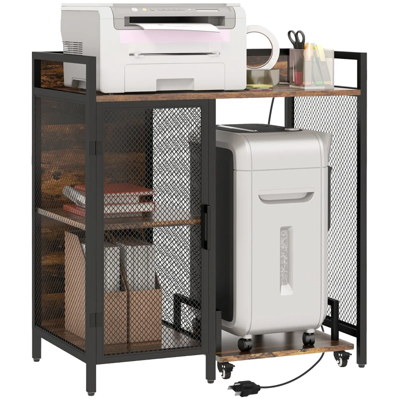 Vinsetto Printer Table with Socket and USB Charging Ports, Printer Stand with CPU Stand and Adjustable Shelf, Rustic Brown
