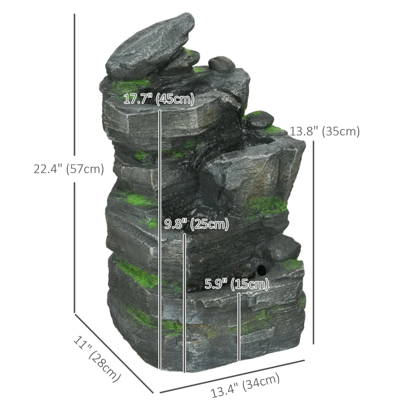 Outsunny 4-Tiered Rock Outdoor Water Fountain with LED Lights, Adjustable Flow, 22.4-inch Resin Waterfall Fountain