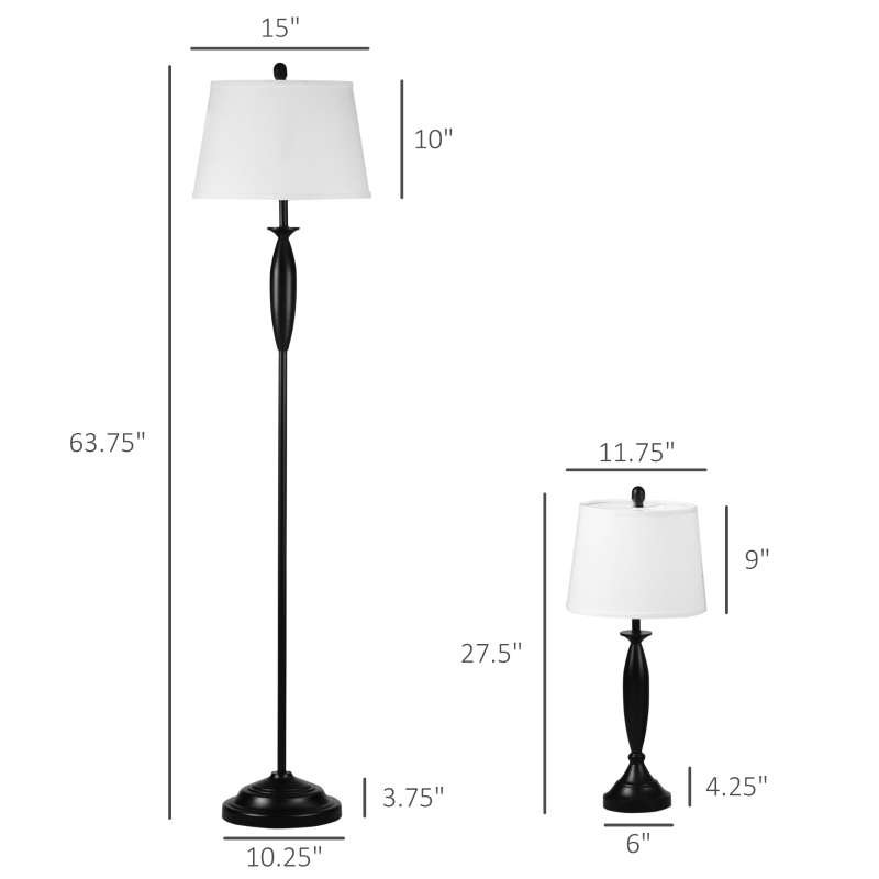 HOMCOM Boho Desk Lamp & Floor Lamps Set of 3, 3 Piece Lamp Set for Living Room, Bedroom, & More, Linen Lampshade, Steel Base, Black
