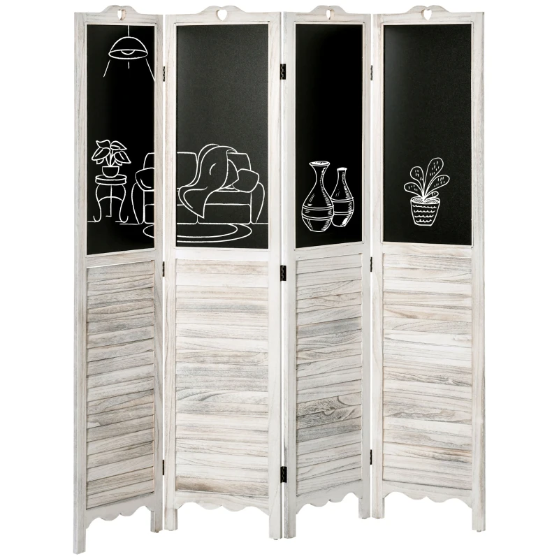 HOMCOM 4-Panel Folding Room Divider with Blackboard, 5.5 Ft Tall Freestanding Privacy Screen Panels for Bedroom or Office, White