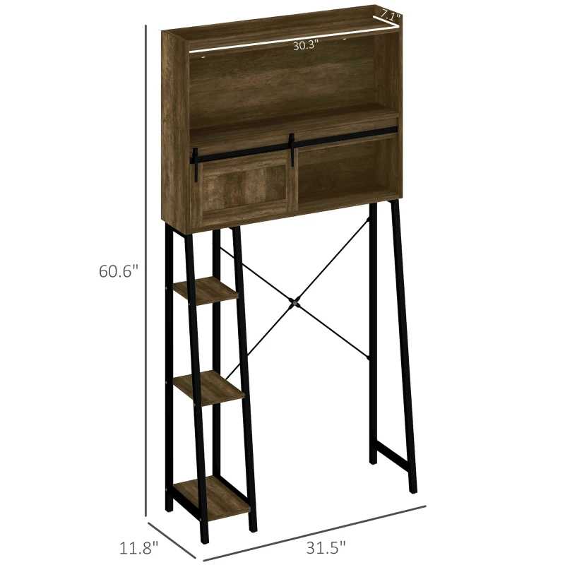 HOMCOM Over the Toilet Storage Cabinet, Over Toilet Bathroom Organizer with 3 Compartments, 4 Open Shelves, Distressed Brown